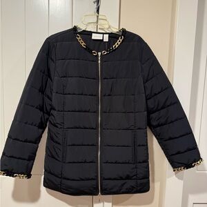 CHICO’S NWT Size 12 (Chico’s 2) Quilled Black Coat Double Zipper Gold Chain Trim